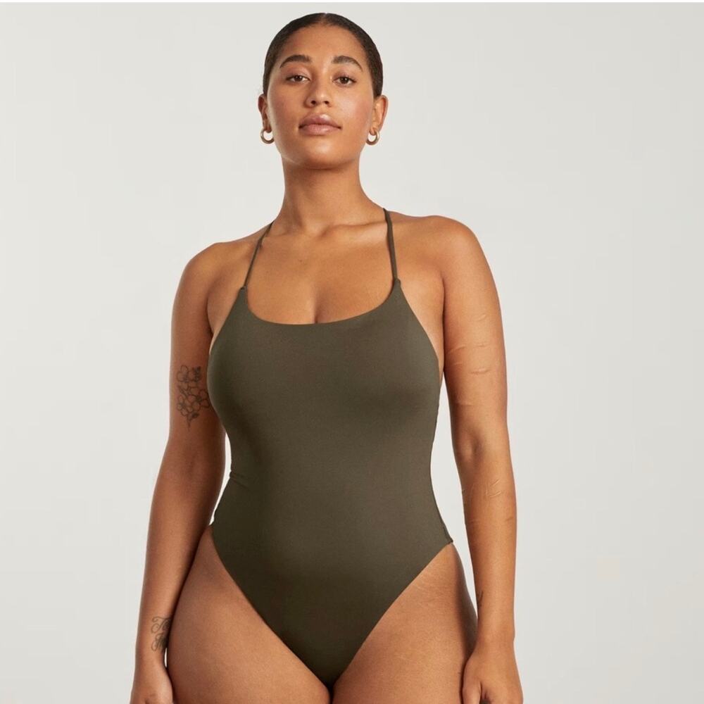 EVERLANE ReNew The String One-Piece Tie Low Back Swimsuit Olive Green, Large